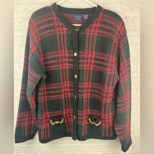 Vintage Knit Plaid Cardigan Blazer Gold Buttons Sz XL Birdseye Preppy Xmas